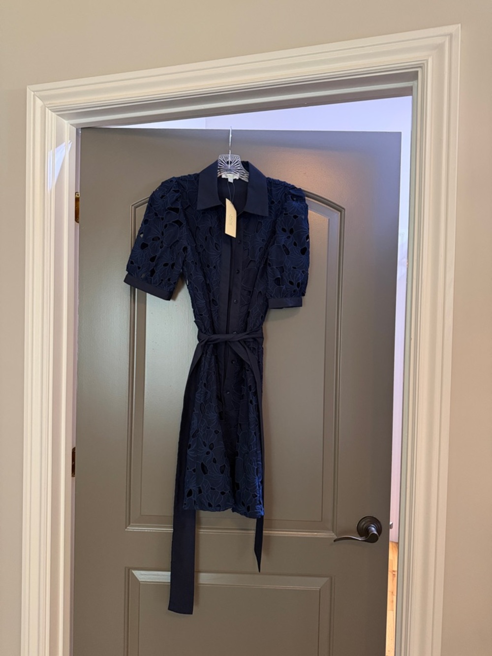 Navy Eyelet Shirt Mini Dress with Self Tie